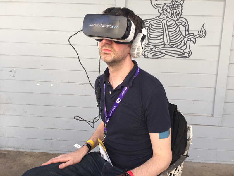 Alex watching virtual reality porn.